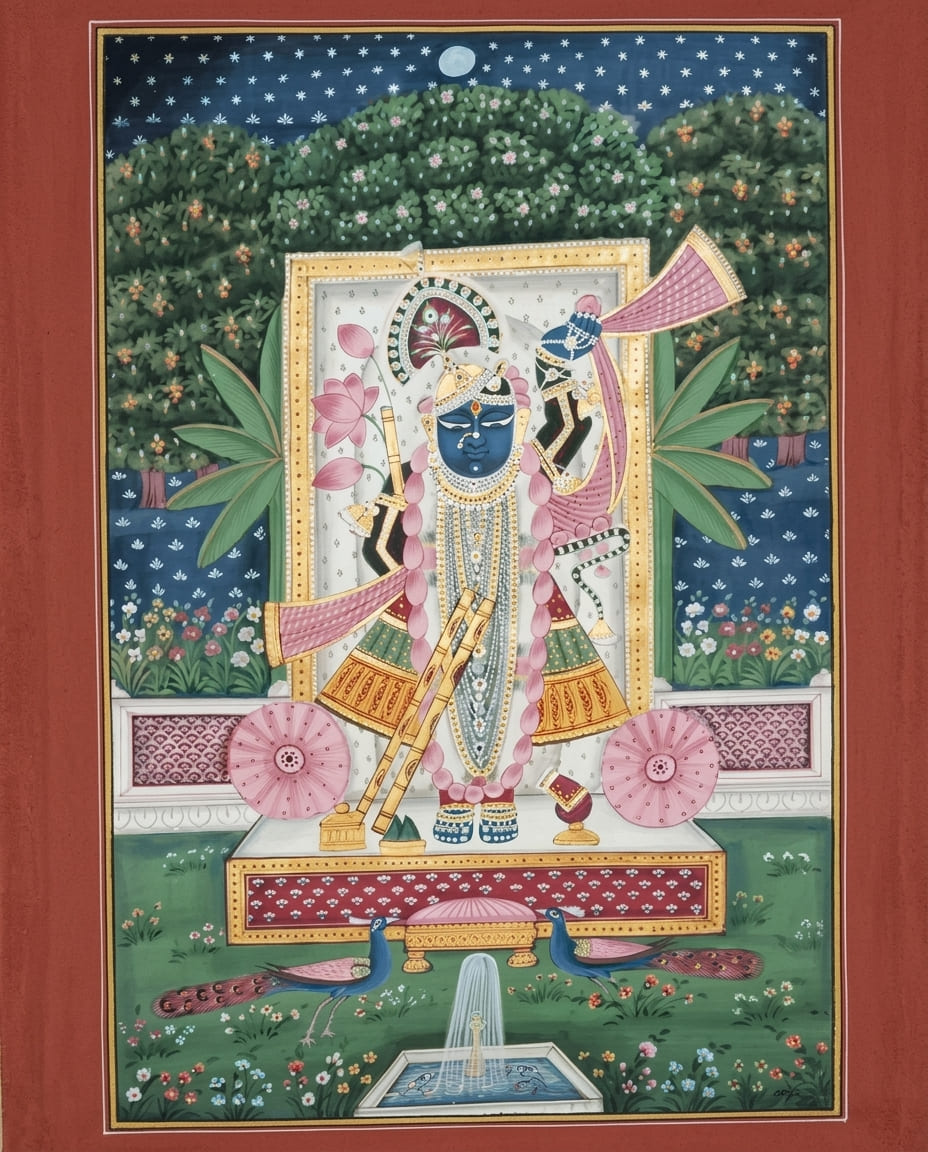 Shreenathji Playing Flute – Traditional Pichwai Painting with Peacocks